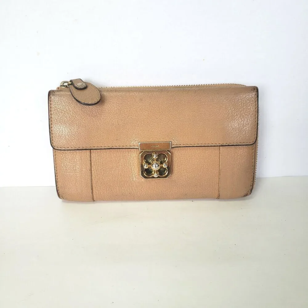 Chloe Elsie Leather‎ Long Zip Wallet Clutch Turnlock Tan Beige Large Continental